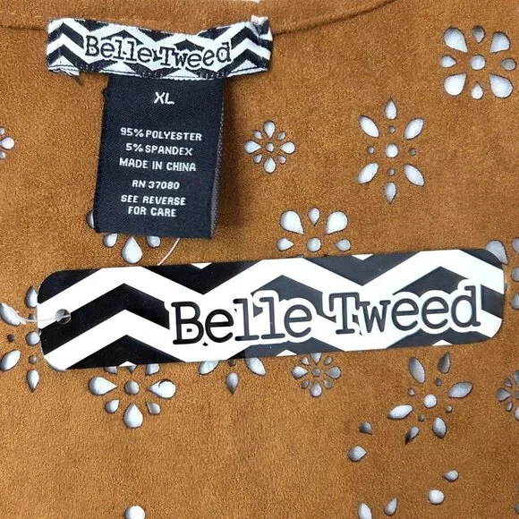 Sleeveless Suede Fringe Boho Vest Flower Cutout Design Belle Tweed XL Brown - Picture 6 of 11